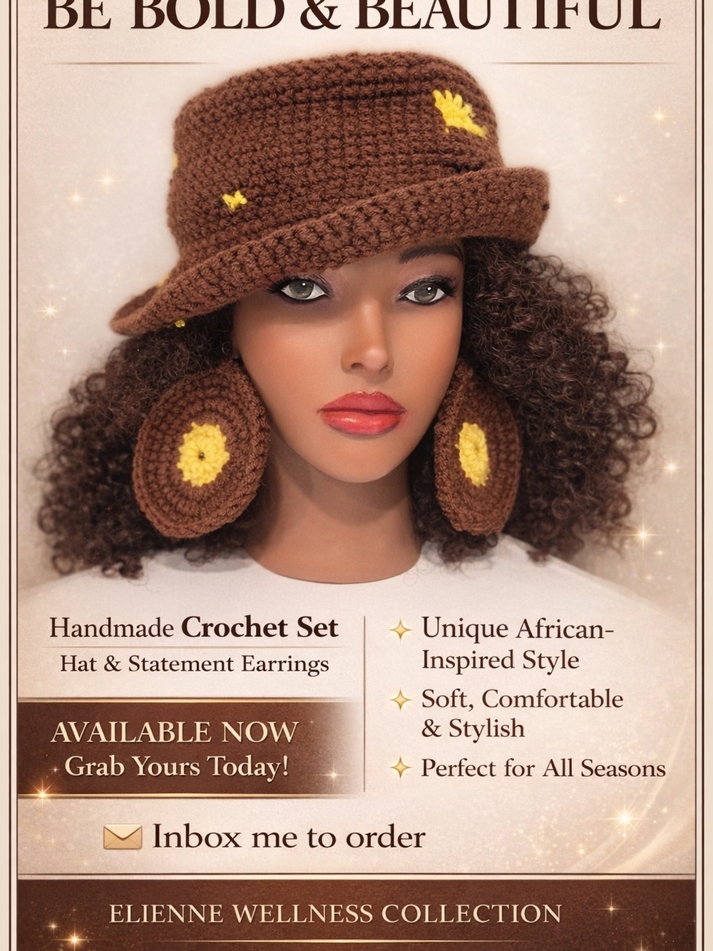 Handmade Crochet Bucket Hat & Earrings Set — Brown with Yellow Accents